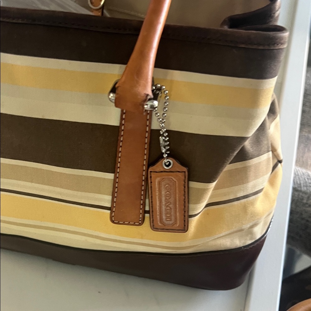 Coach Hampton Yellow and Brown Striped Tote with Leather Accents